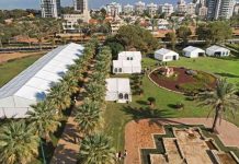 מעל 2,000 בני נוער השתתפו פעילות והסברה לפני גיוס בתמונה: צילום רחפן של המתחם לעידוד שירות משמעותי - אירוע בן יומיים שהתקיים במרכז בית יד לבנים בנתניה