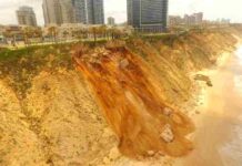 מאות טונות של אבנים וכורכר ניתקו בחלק מהמצוק החופי במרכז נתניה מאות טונות קרסו - מצוק מרכז נתניה. צילום: מעגן