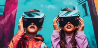 סוכות של אמנות, טכנולוגיה וחדשנות – נתניה 2024 תמונה אמנותית של שני ילדים צופים דרך משקפי מציאות רבודה. פסטיבל אמנות, טכנולוגיה וחדשנות - נתניה 2024. צילום באדיבות עיריית נתניה