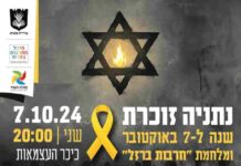נתניה זוכרת: שנה לאסון השבעה באוקטובר בצילום, קטע מתוך הפוסטר הרשמי אותו הפיקה עיריית נתניה לציון שנה לאסון השבעה באוקטובר ומלחמת חרבות ברזל.